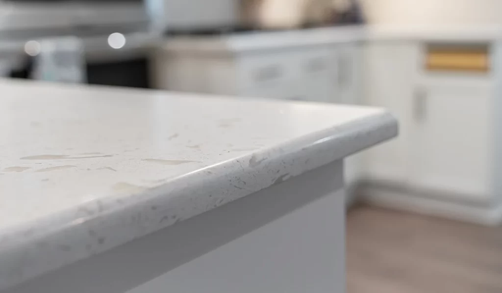 Side view comparison of 2cm and 3cm stone countertop thickness for kitchen remodeling in Massachusetts.