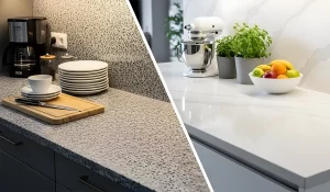 Close-up texture comparison between natural granite and engineered quartz surfaces for kitchen counters.