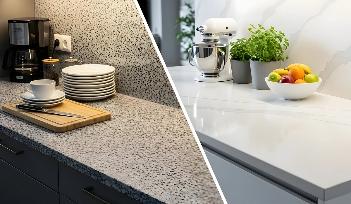 Close-up texture comparison between natural granite and engineered quartz surfaces for kitchen counters.